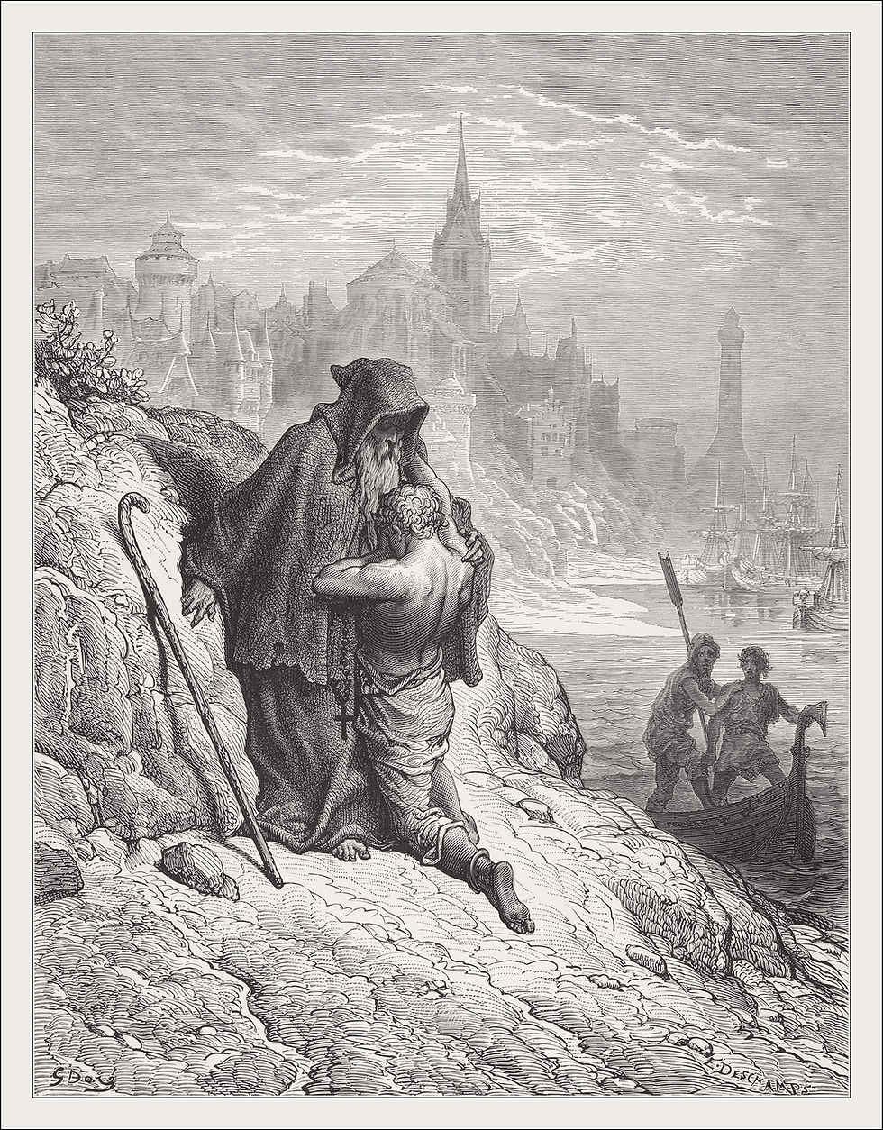 Hooded old man comforts a kneeling youth on a rocky shore, overlooking a misty city and harbor with a small boat nearby.