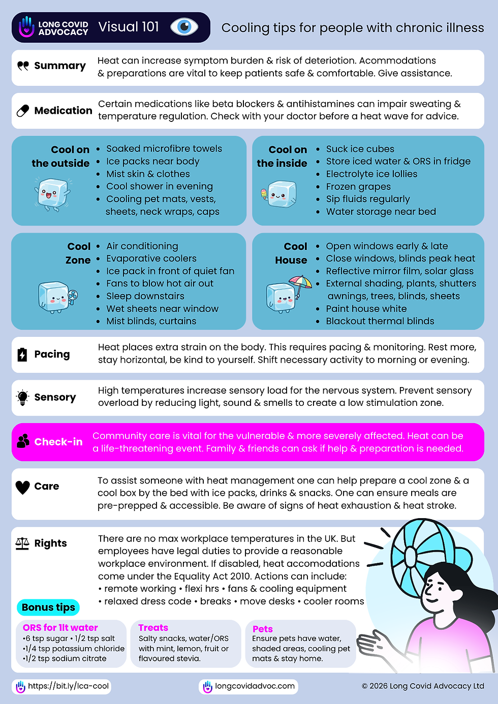 Infographic from Long Covid Advocacy on cooling tips for chronic illness, with sections on heat safety, pacing, sensory rest, and home cooling.