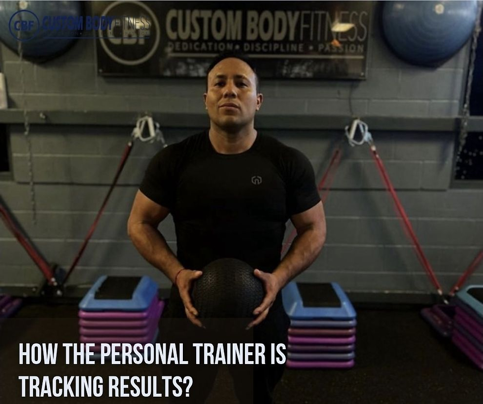 Man in a gym holding a medicine ball, wearing a black shirt. Background includes exercise equipment. Text: How the personal trainer is tracking results?
