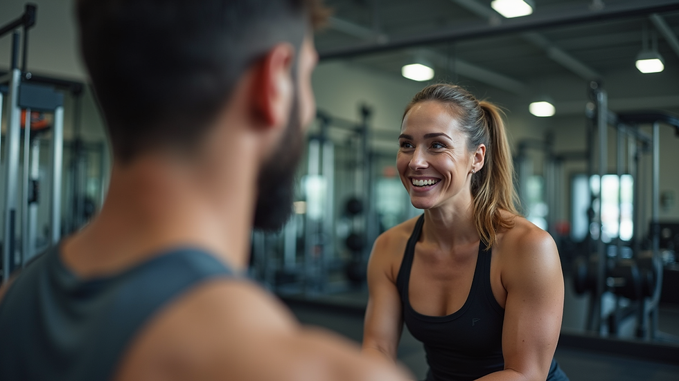 Eye-level view of a fitness coach discussing a workout plan with a client