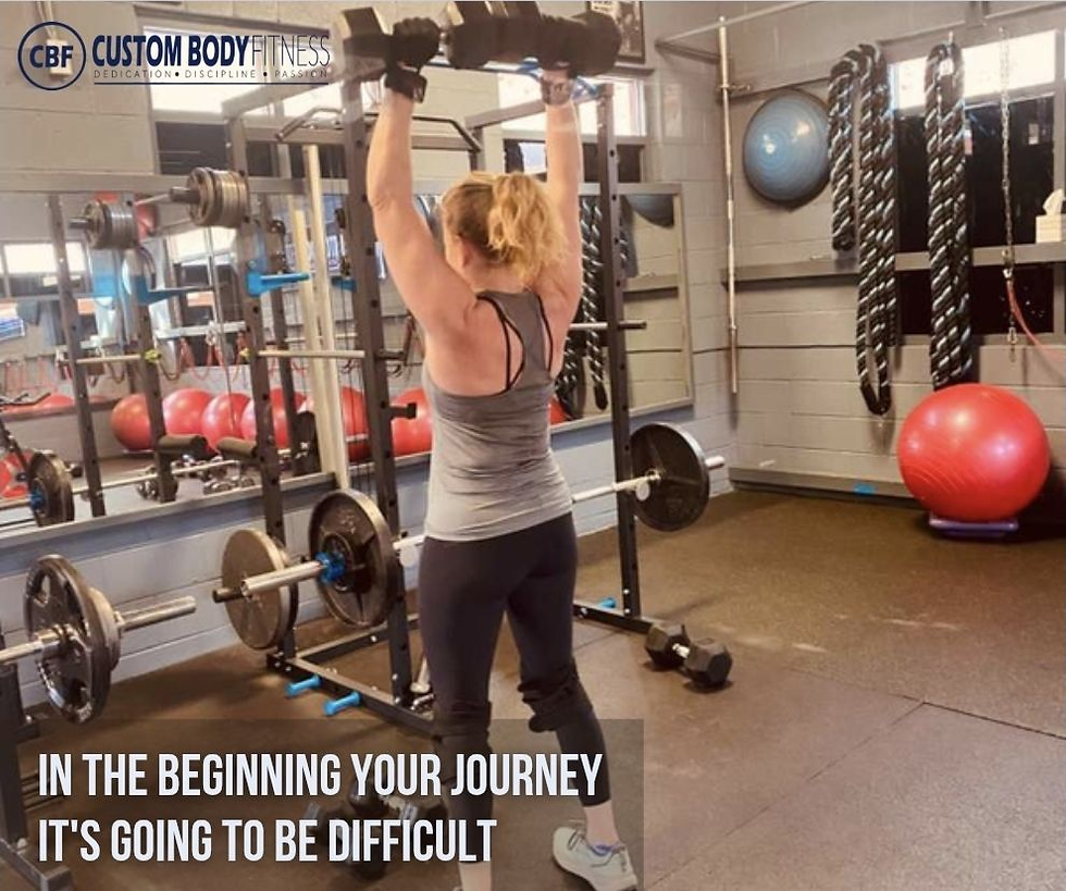 A woman lifts dumbbells in a gym, surrounded by exercise equipment. Red exercise balls. Text reads: "In the beginning your journey, it's going to be difficult."