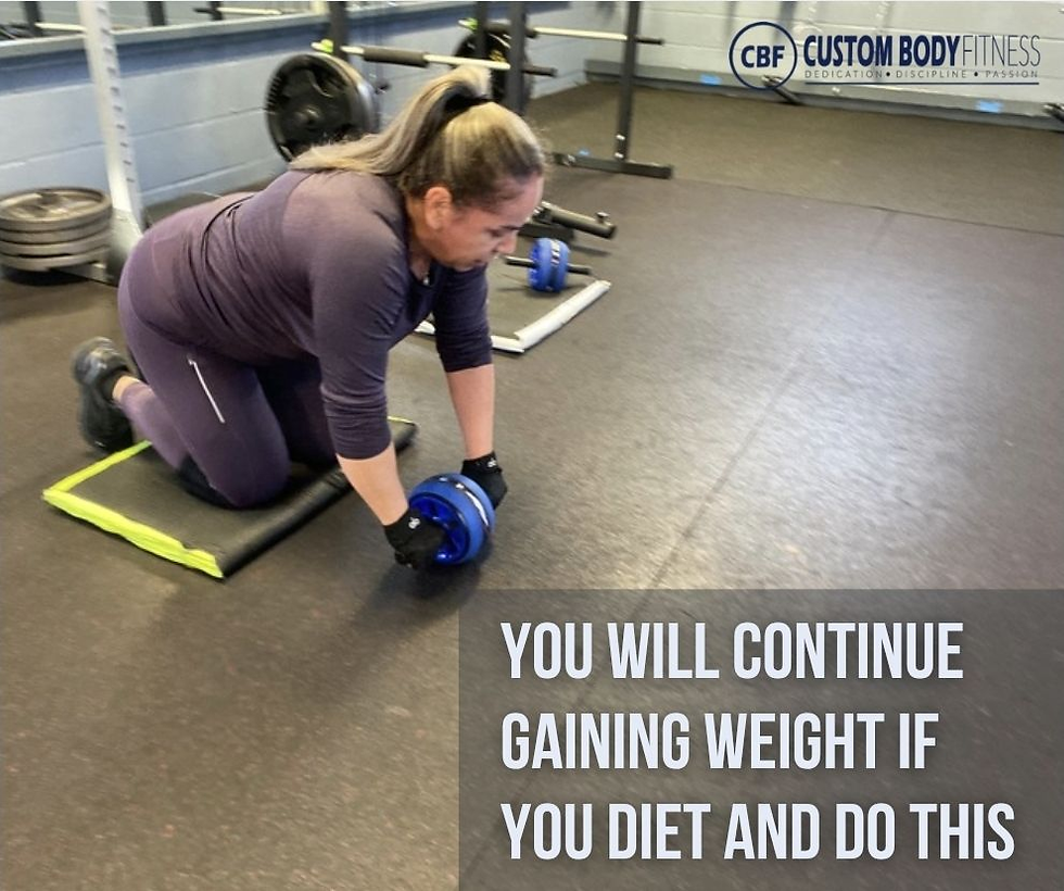 Woman exercising with an ab roller in a gym, wearing purple workout clothes. Text reads: "YOU WILL CONTINUE GAINING WEIGHT IF YOU DIET AND DO THIS."