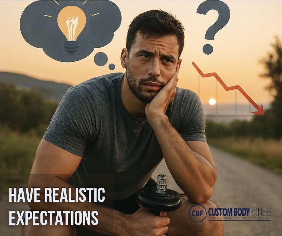 Man in a gray shirt sitting outdoors, holding a dumbbell, appears thoughtful. Thought bubble shows a lightbulb, question mark, and falling graph. Text: Have Realistic Expectations.