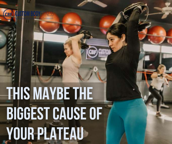 Women lifting weights overhead in a gym; bold text reads THIS MAYBE THE BIGGEST CAUSE OF YOUR PLATEAU.