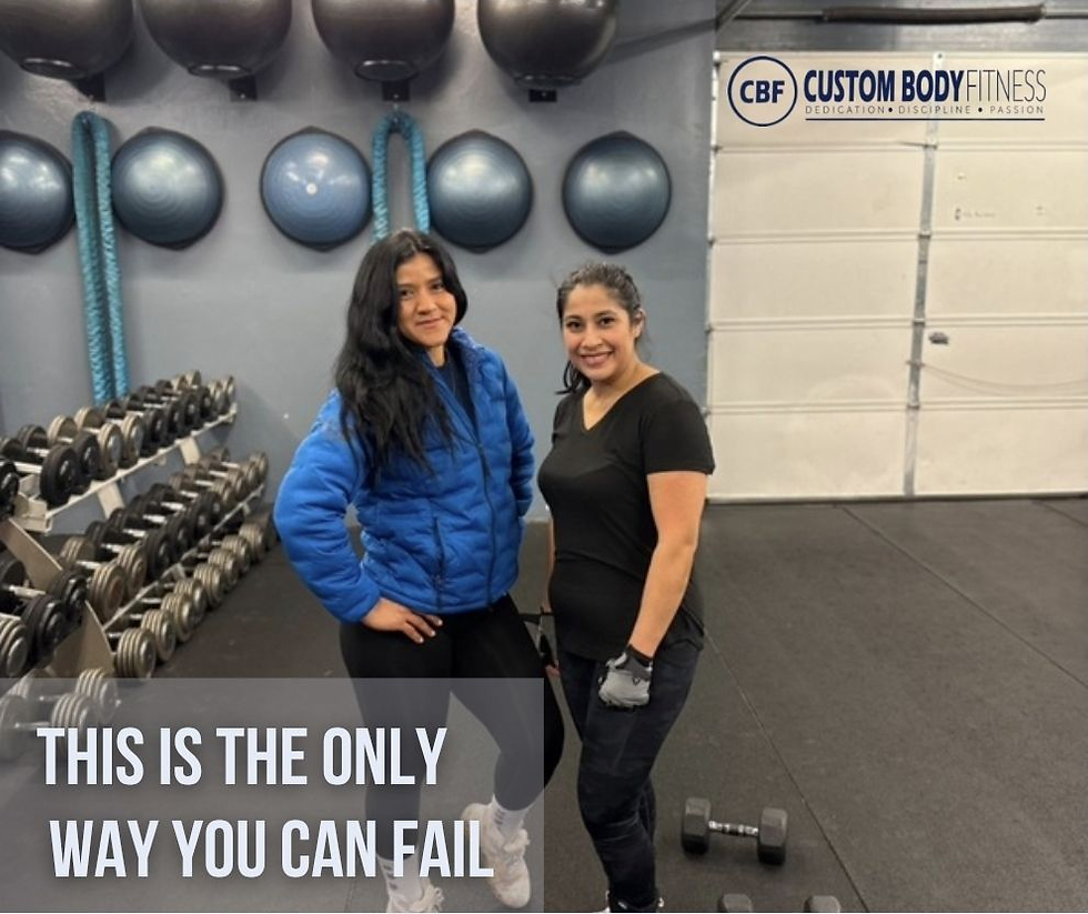 Two women smile in a gym with weights and exercise balls. Text reads "THIS IS THE ONLY WAY YOU CAN FAIL," with a fitness logo on the wall.
