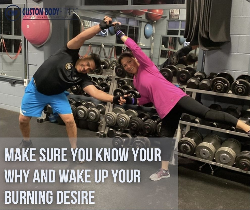 Two people in workout gear perform an exercise in a gym, surrounded by weights. Text: "MAKE SURE YOU KNOW YOUR WHY AND WAKE UP YOUR BURNING DESIRE."