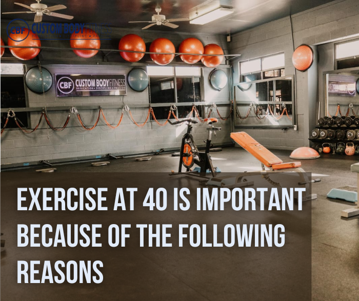 Empty gym with orange balls, bench and bike; wall sign reads CBF Custom Body Fitness, and overlay says exercise at 40 is important.