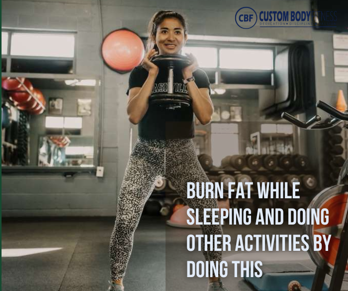 A woman exercises with a kettlebell in a gym, wearing patterned leggings. Text: "Burn fat while sleeping and doing other activities by doing this."