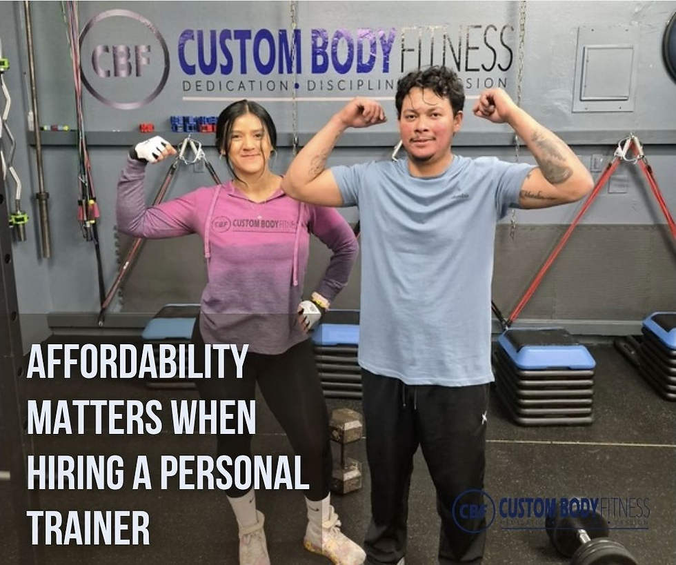 Two people flex in a gym with "Custom Body Fitness" text in the background. Both look confident. "Affordability matters" text overlaid.