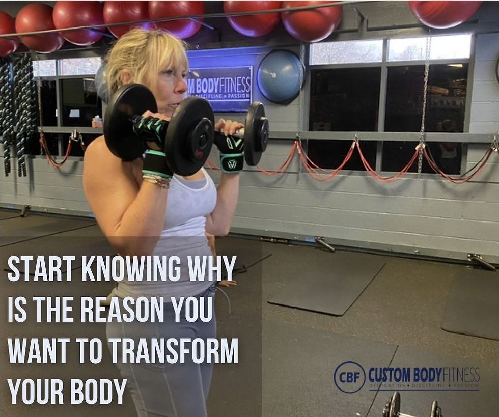 Woman lifting dumbbells in a gym, wearing a white tank top. Red exercise balls and mats in the background. Text: Start knowing why.