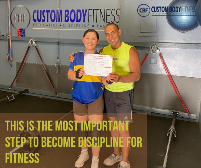 Smiling man and woman in Custom Body Fitness gym hold a bronze certificate, with motivational text overlay at bottom.
