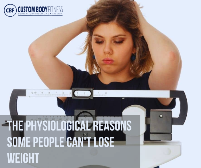 Frustrated woman stands behind a body fat scale; logo and text read The Physiological Reasons Some People Can't Lose Weight.