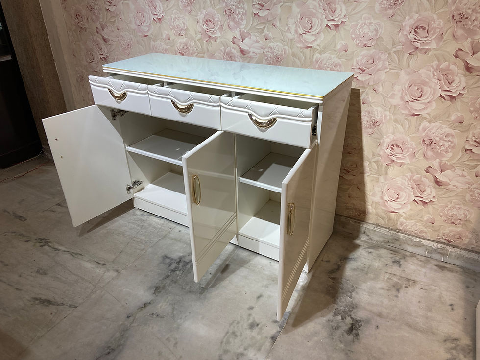 Thumbnail: elegant 4-feet cabinet, featuring a ivory PU polish finish and a sleek glass top