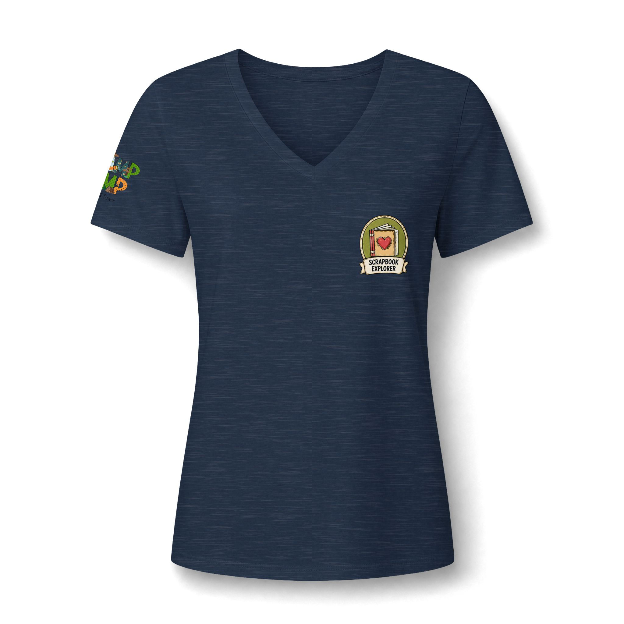 Scrapbook Explorer Women’s Relaxed Heather Navy CVC V-Neck Tee