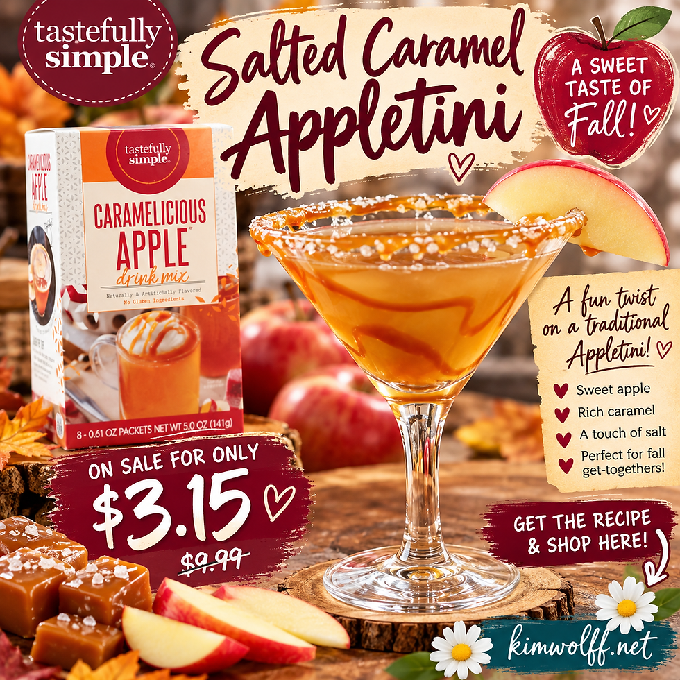 Make a delicious Salted Caramel Appletini with Tastefully Simple Caramelicious Apple Drink Mix—now just $3.15! A sweet and easy fall cocktail.