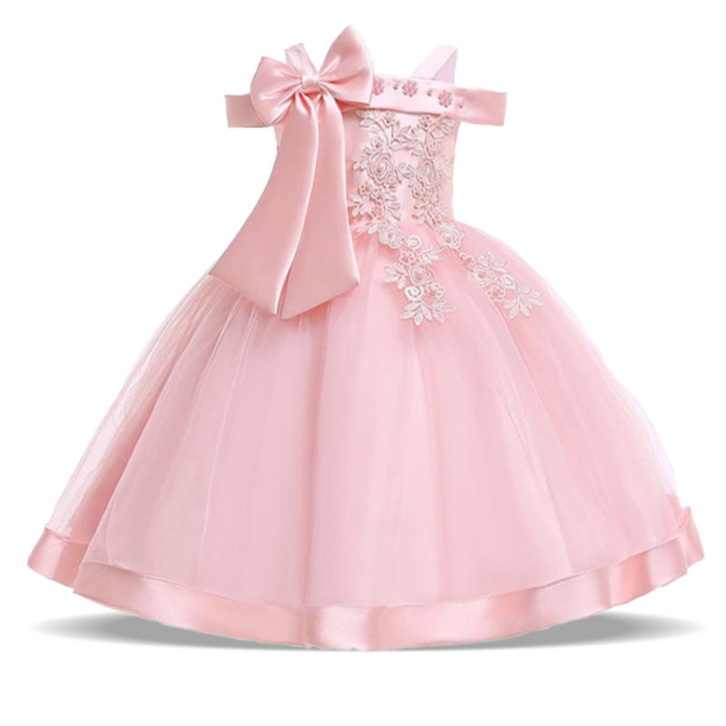ภาพขนาดย่อ: Summer Big Bow Party Dresses for Girl One Shoulder Lace Bridemaid Birthday Prin