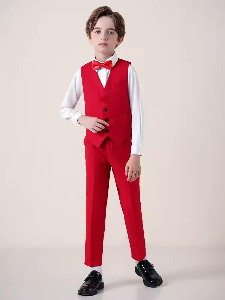 Miniaturebillede: Children Red Photography Suit Flower Boys Jacket Vest Pants Bowtie 4PCS Ceremon