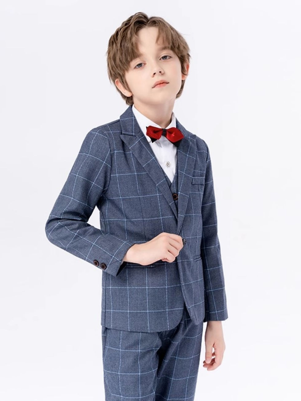 Thumbnail: Children Wine Red Piano Party Dress Kids Jacket Vest Pants Bowtie 4PS Ceremony
