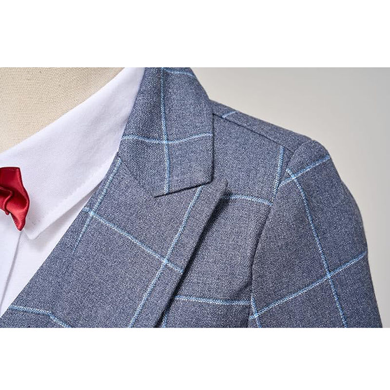 ภาพขนาดย่อ: Boys Slim Fit Gray Plaid Suit Set Kids Blazer Vest Pants Bowtie Outfit Child We