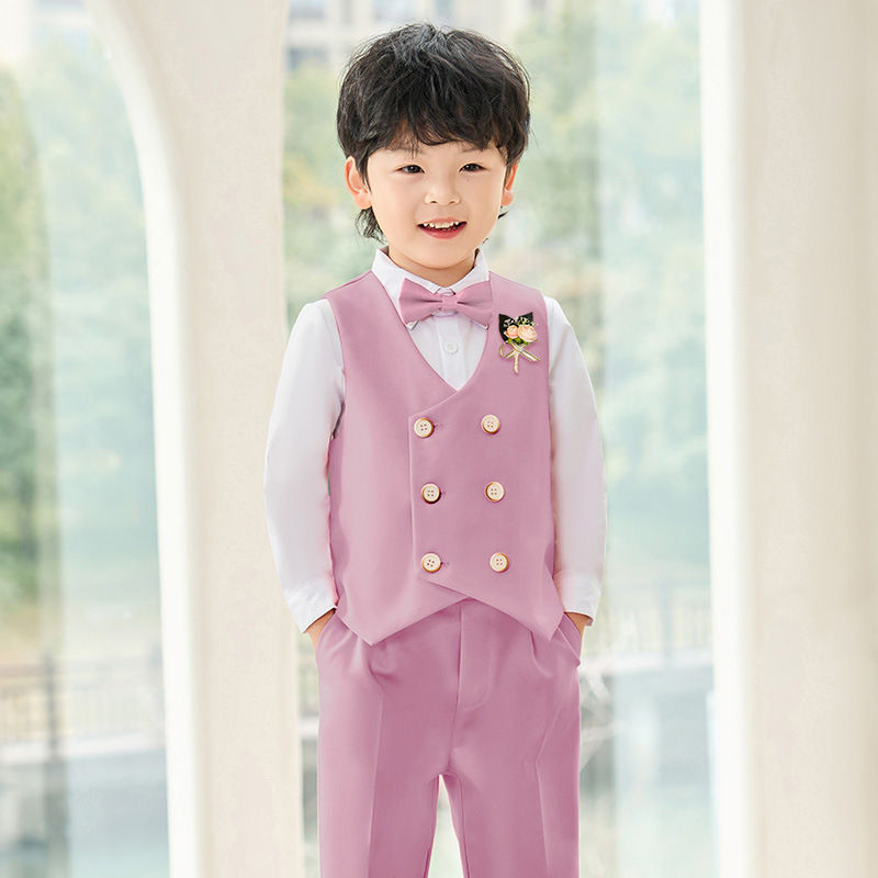 Imej kecil: Children Pink Jacket Vest Pants Bowtie Flower 5PCS Photograph Suit Kids Birthda