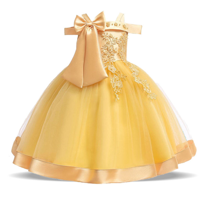 ภาพขนาดย่อ: Summer Big Bow Party Dresses for Girl One Shoulder Lace Bridemaid Birthday Prin