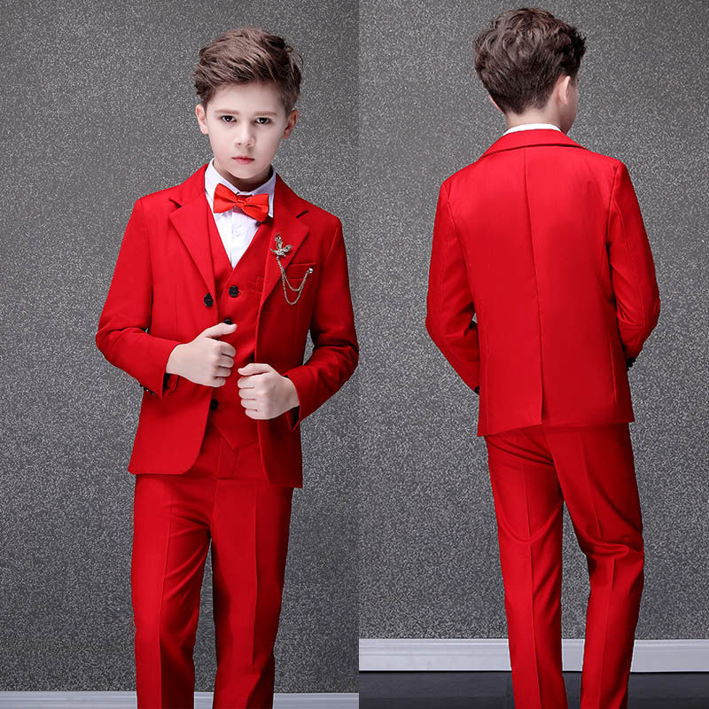 Thumbnail: Children Jacket Vest Pants Bowtie 4PCS Photograph Suit Flower Boys Red Wedding