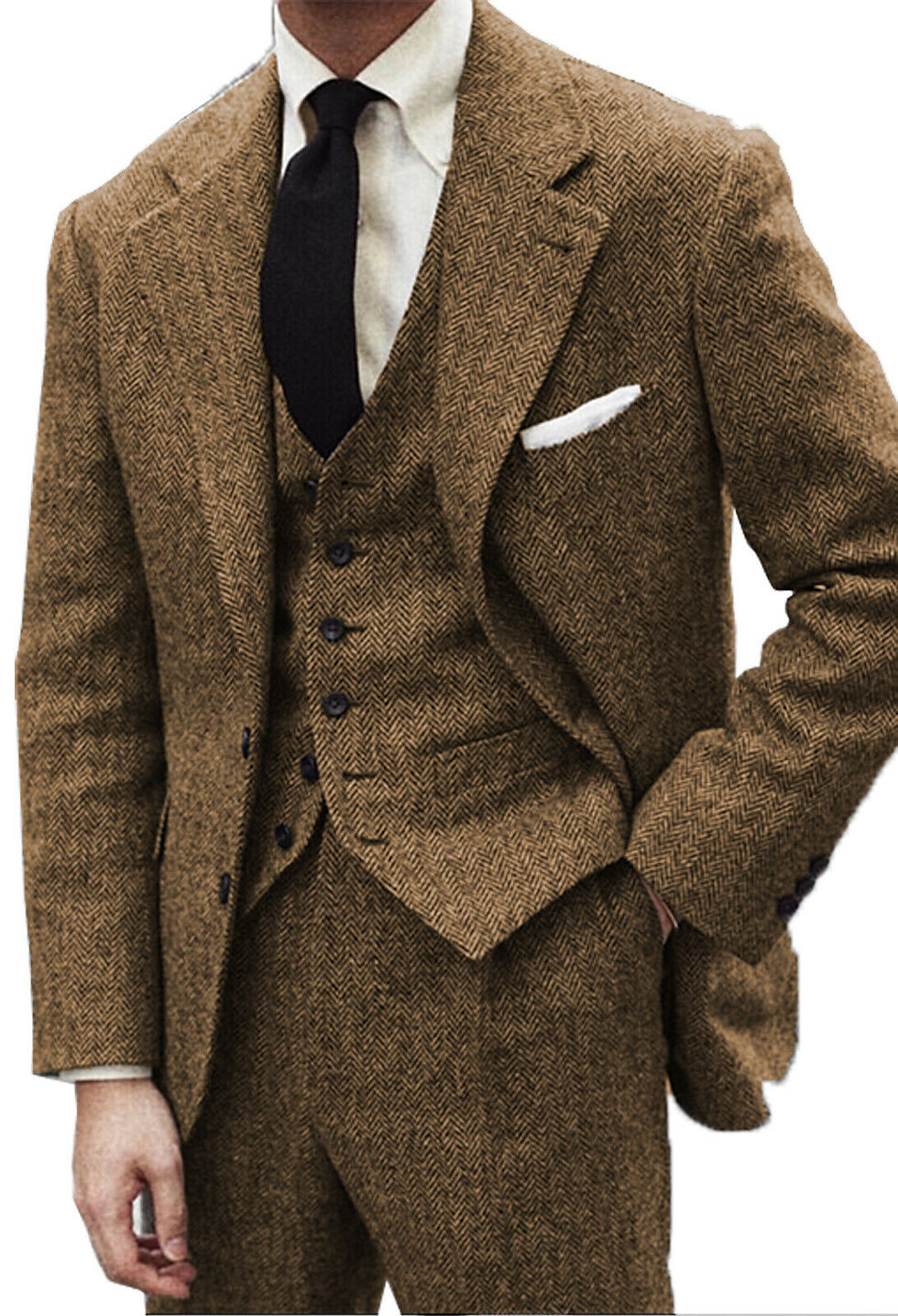 Thumbnail: Classic Men's Tweed 3Pic Suit Herringbone Tuxedo Blazer Vest Pants Wool Vintage