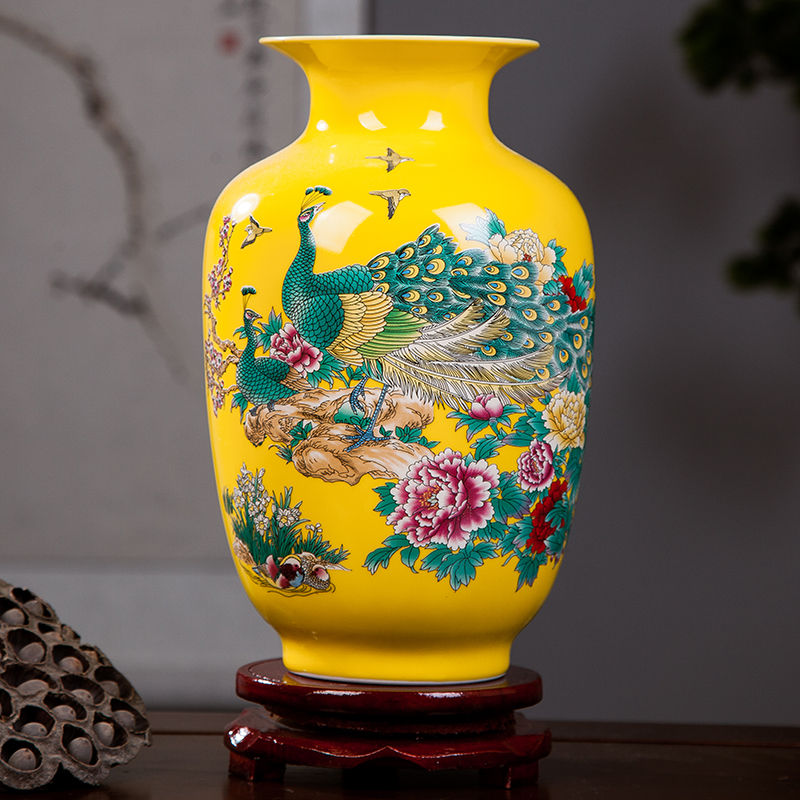 Thumbnail: Jingdezhen Ceramics Yellow Peacock Flower Vase New Chinese Home Desktop Arrange
