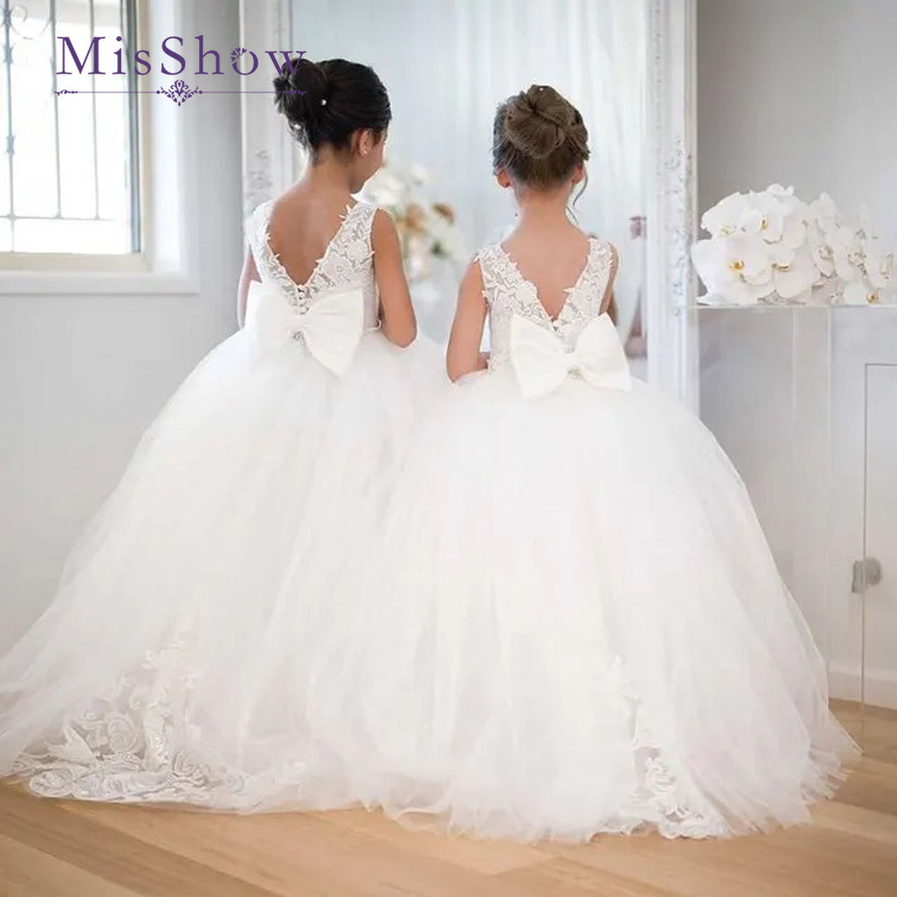MisShow Cute Flower Girl Dresses for Wedding Big Bow Appliques Long Little Page