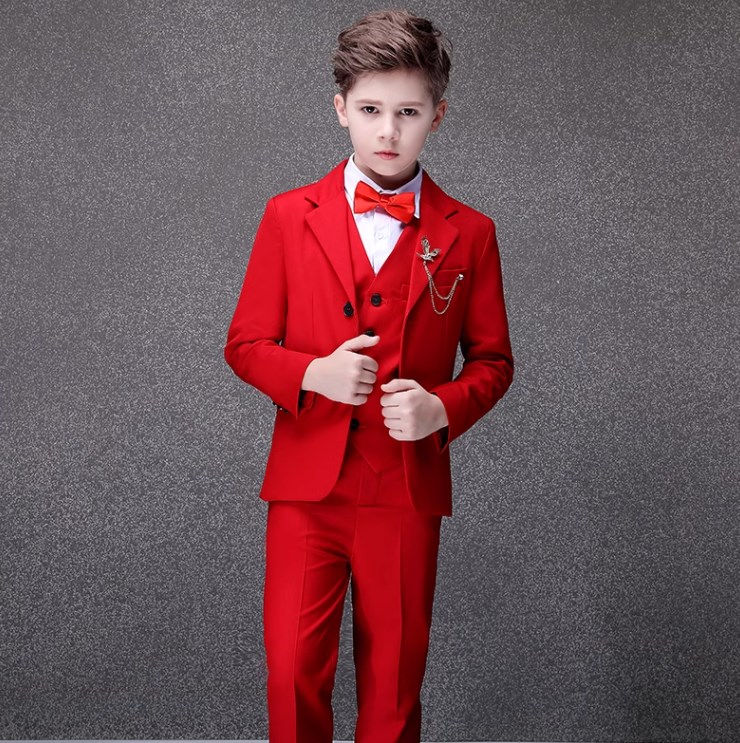 Thumbnail: Children Jacket Vest Pants Bowtie 4PCS Photograph Suit Flower Boys Red Wedding