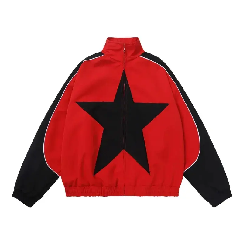 Thumbnail: Retro Bomber Jacket Men Women Five-pointed Star Patchwork High Street Varsity C