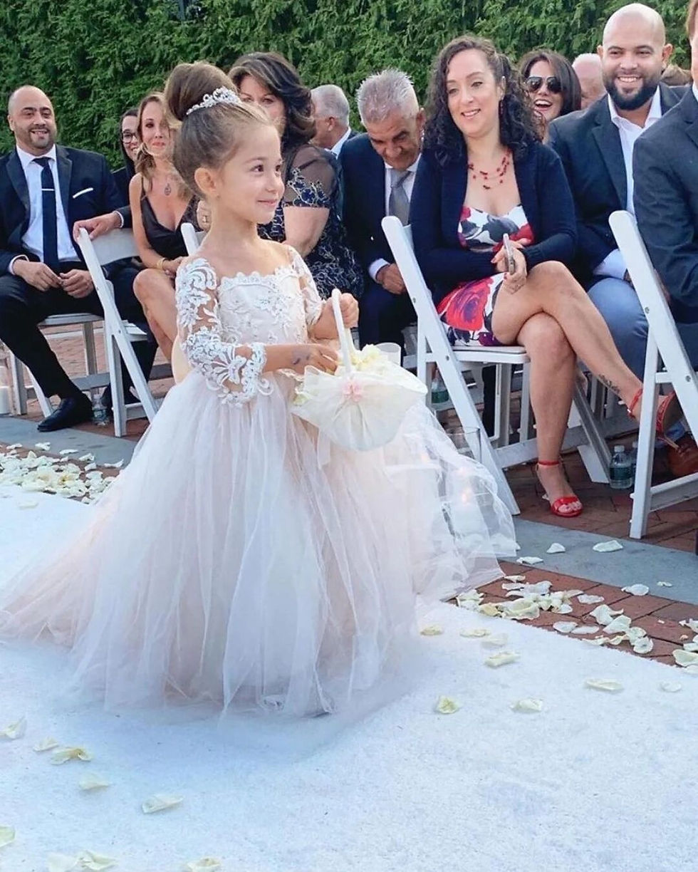 Miniature : Long Sleeves Tulle Lace Flower Children's Dress With Bowknot Party Princess Dre