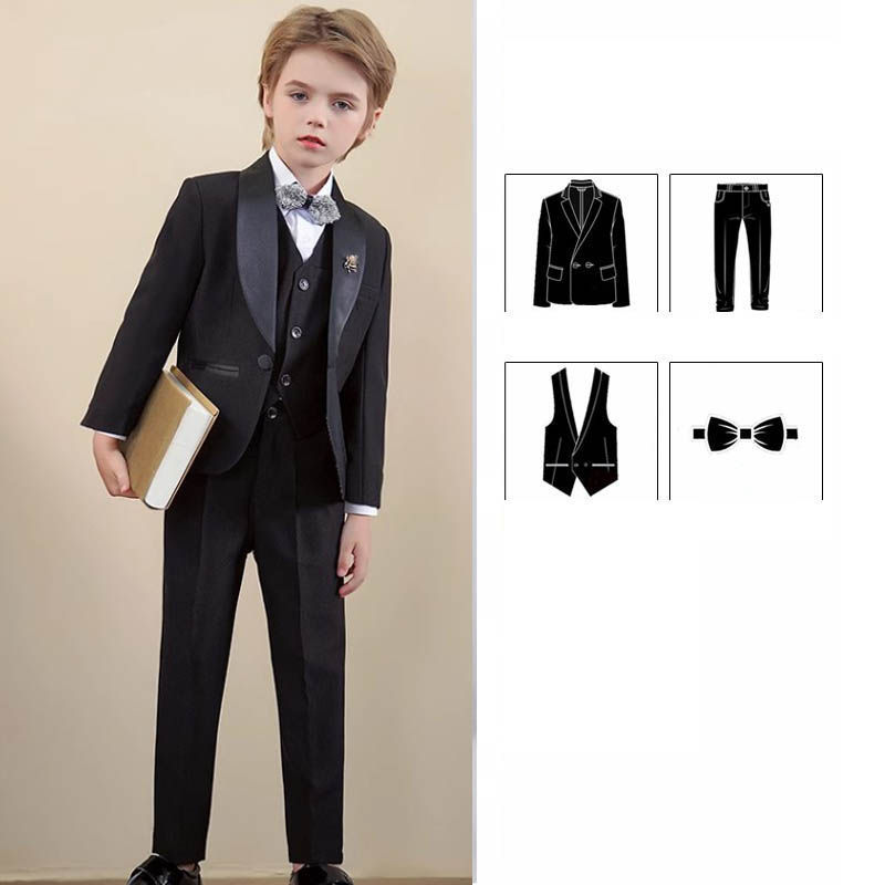 Thumbnail: Children Black Piano Photograph Suit Flower Boys Jacket Vest Pants 3PCS Wedding