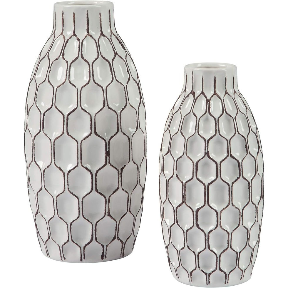Thumbnail: Geometric 2 Piece Ceramic Bottle Neck Vase Set, White and Brown