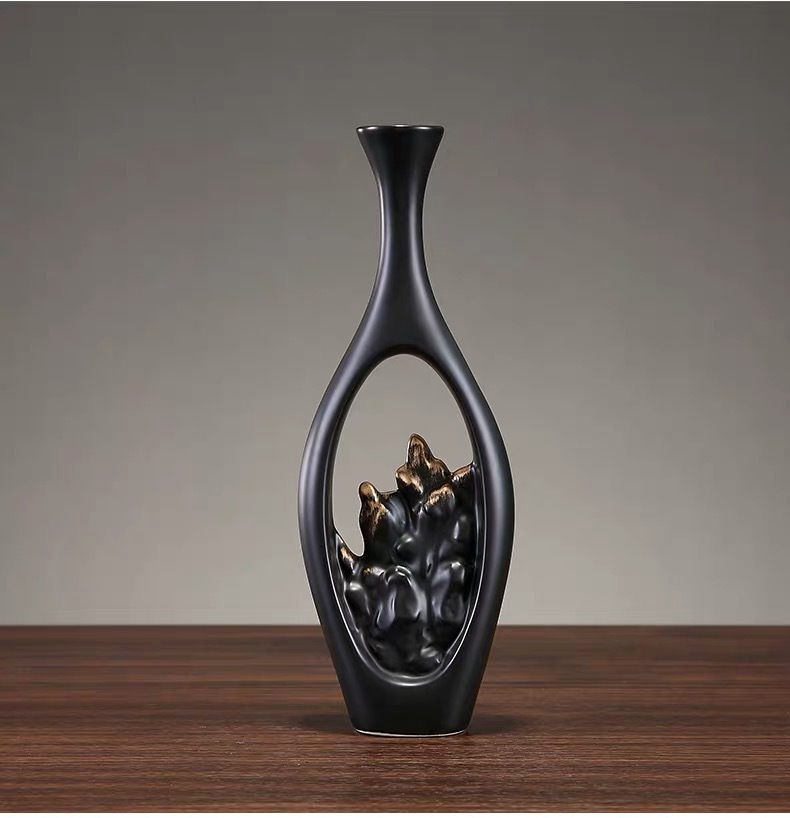 Thumbnail: Chinese Landscape Hollow Vase, Zen Black Hand-painted Ceramic Flower, Porch, Li