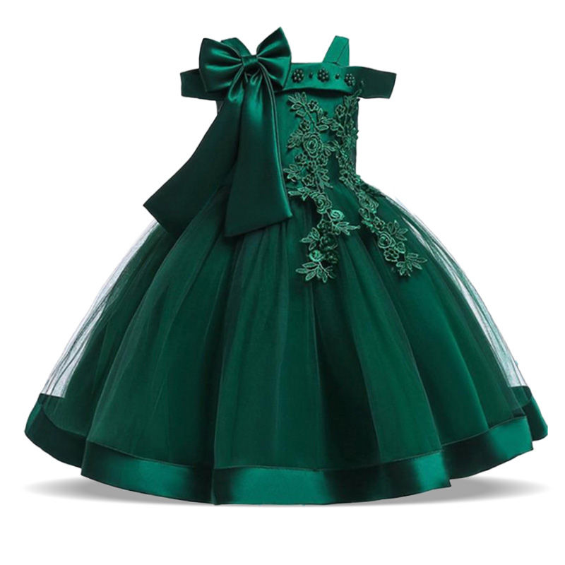 ภาพขนาดย่อ: Summer Big Bow Party Dresses for Girl One Shoulder Lace Bridemaid Birthday Prin