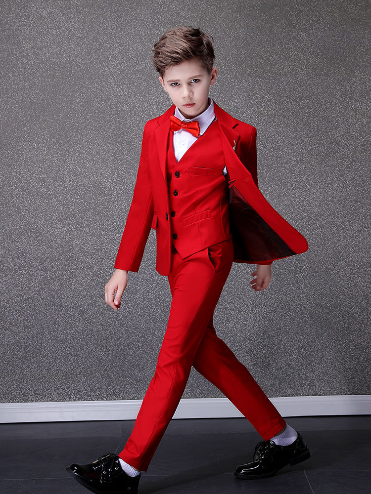 Miniatura: Flower Boys Red Wedding Suit Children Jacket Vest Pants Bowtie 4PCS Photograph
