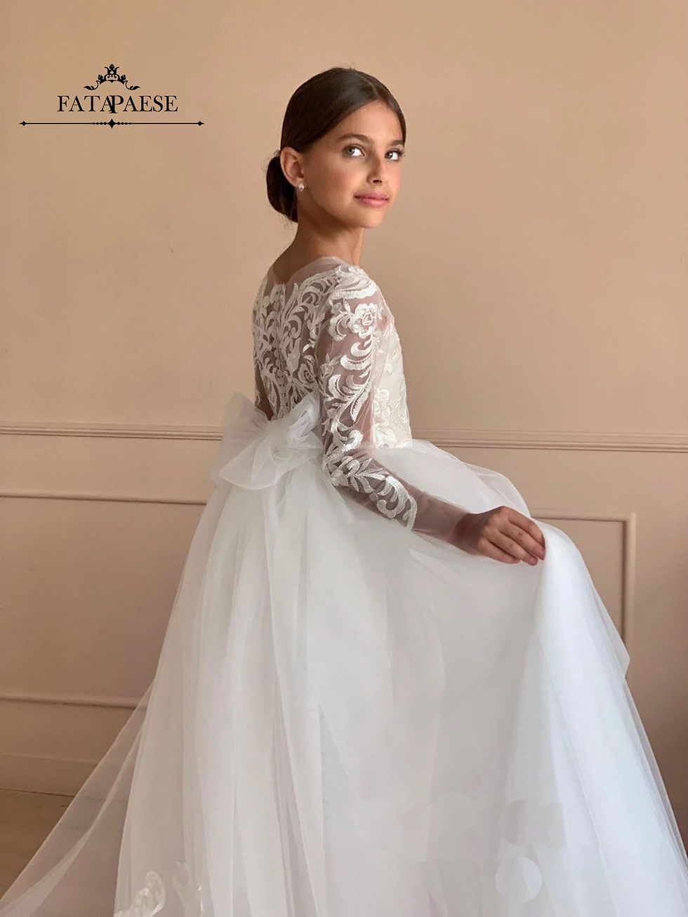 Miniatura: FATAPAESE White Communion Dress for Girls Long Sleeve Floral Lace Tulle A Line