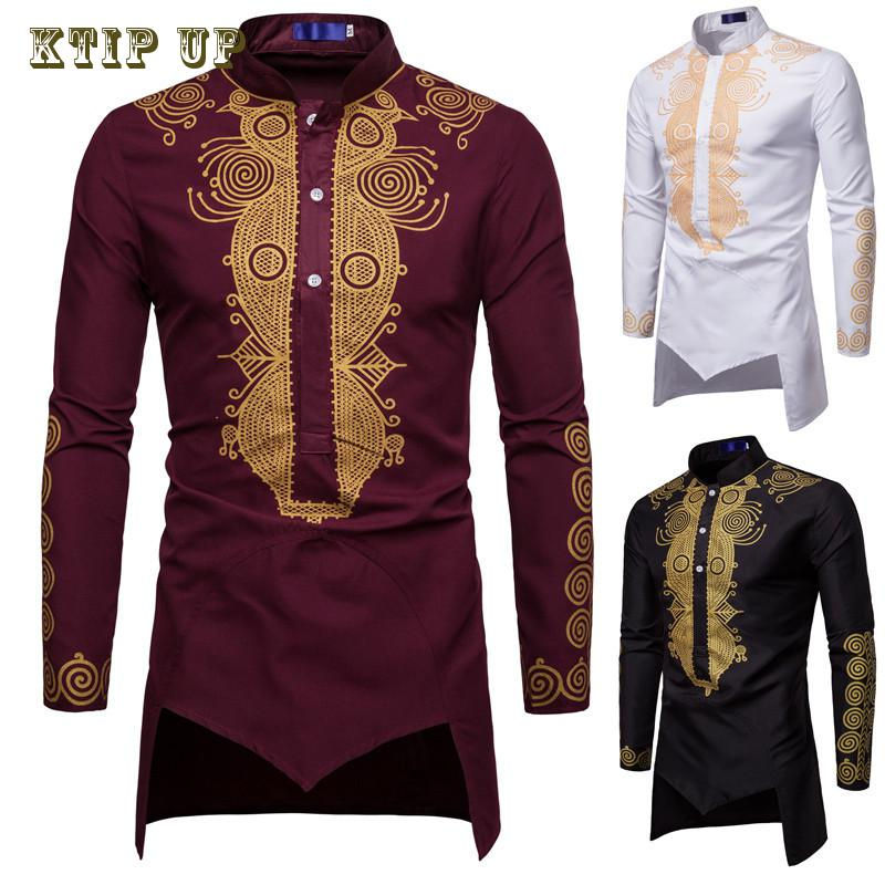 Thumbnail: African Tribal Dashiki Longline Shirt Brand New Slim Long Sleeve Mandarin Colla