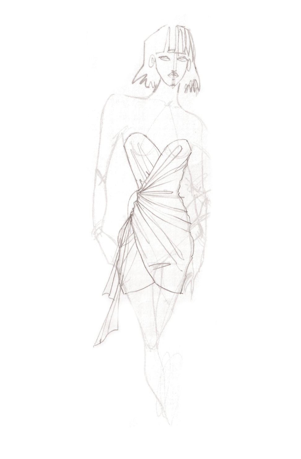 printed clipped chiffon strapless mini - hand sketch -