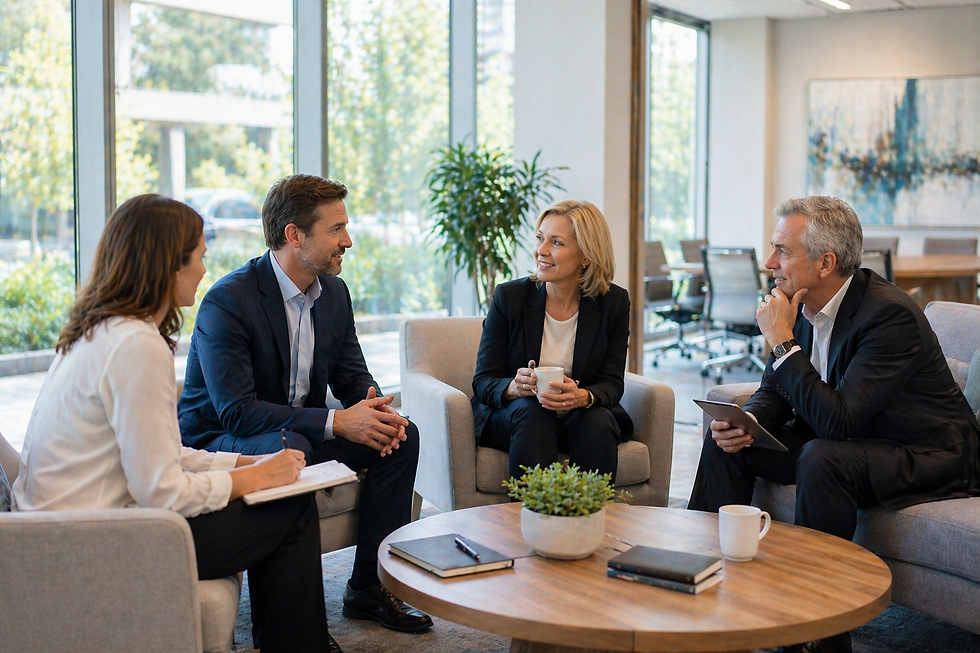 Small group of executives in a bright office lounge having an informal discussion between meetings, reflecting alignment and decision shaping in private company board roles