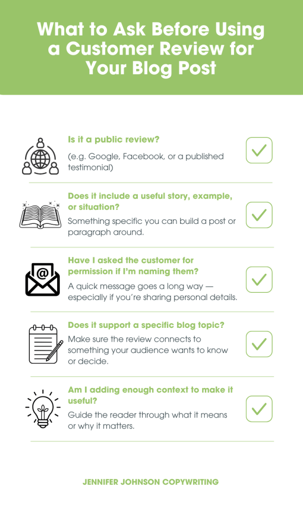Infographic showing 5 questions to ask before using a customer review for your blog post