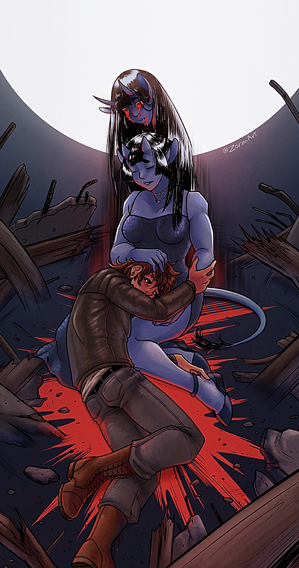 A young man lays in the lap of a woman with blue skin, horns and a tail. She looks somewhat like a blue demon. Behind her floats an apparition of another creature like her, dripping blood.