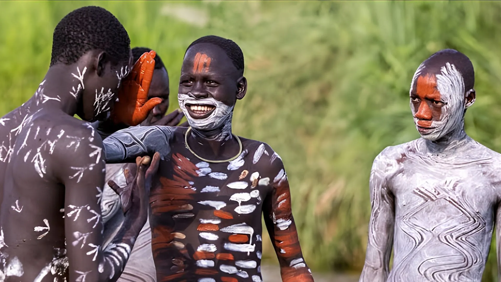 Suri community members wear intricate white clay body paint during a cultural gathering