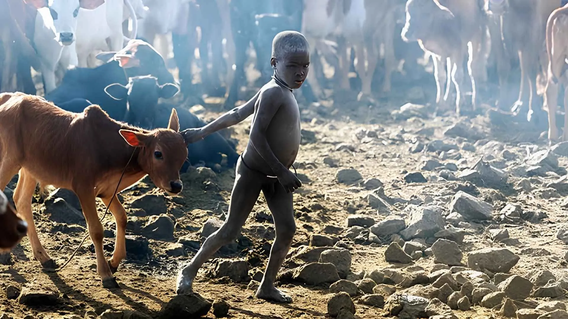 A Suri child tends cattle