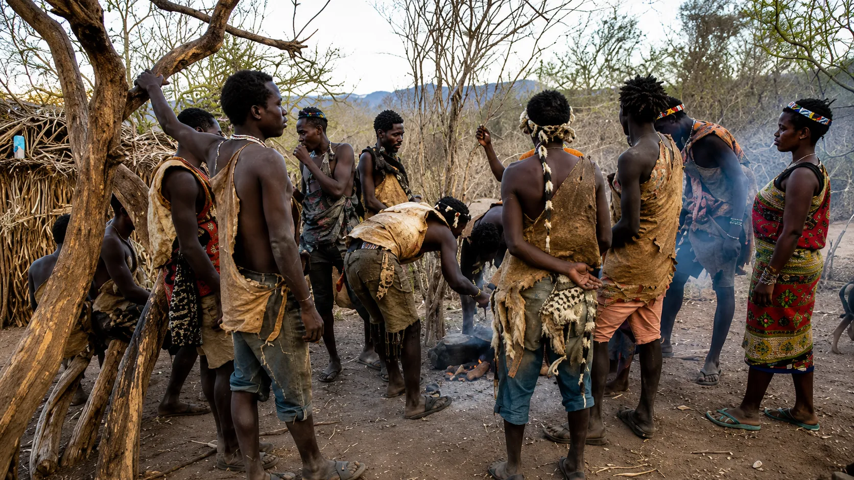 Hadza men and women at a communal camp in the Lake Eyasi region, illustrating traditional shelter co