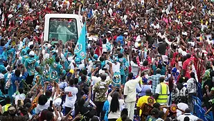 Huge crowds gather in Douala as Pope Leo greets supporters during his visit to Cameroon.