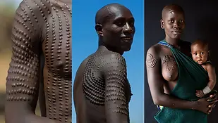 Traditional keloid scarification patterns of the Suri people.