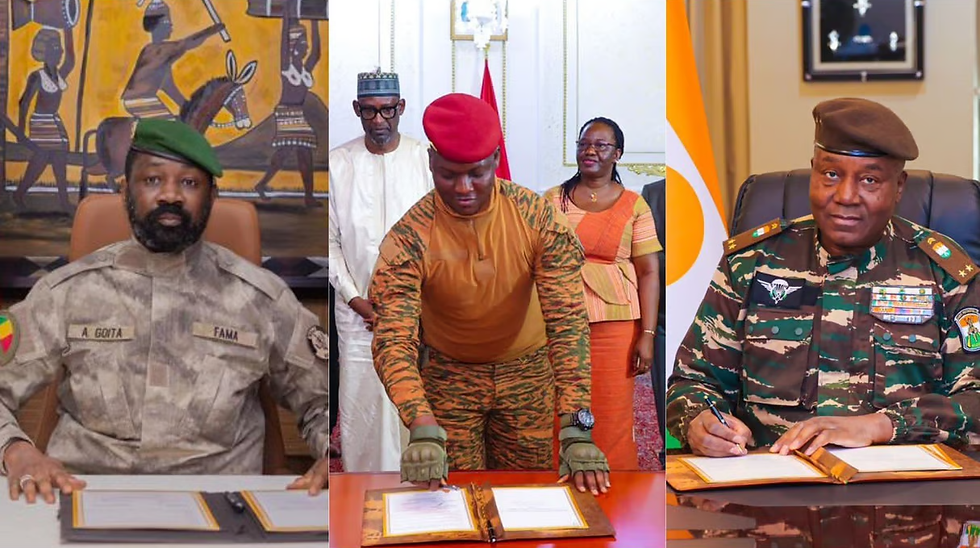 Colonel Assimi Goïta of Mali, Captain Ibrahim Traoré of Burkina Faso, and General Abdourahamane Tiani of Niger signing the treaty of confederation for the Alliance of Sahel States
