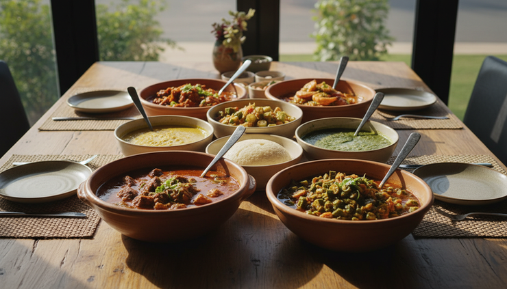 Eye-level view of a family-style Nigerian meal with bowls of Egusi, okra soup and Amala on a wooden table.